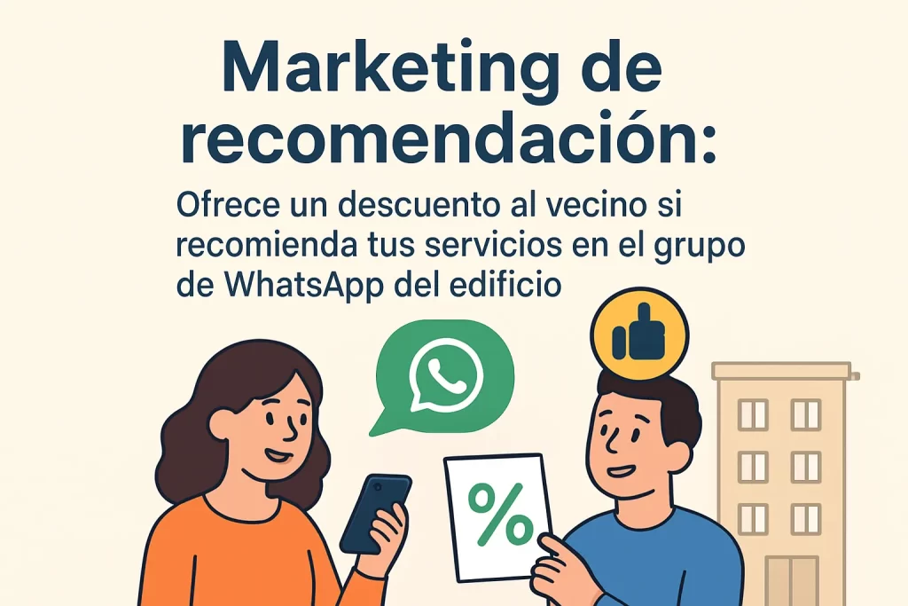 Marketing de recomendación: Ofrece un descuento al vecino si recomienda tus servicios en el grupo de WhatsApp del edificio.